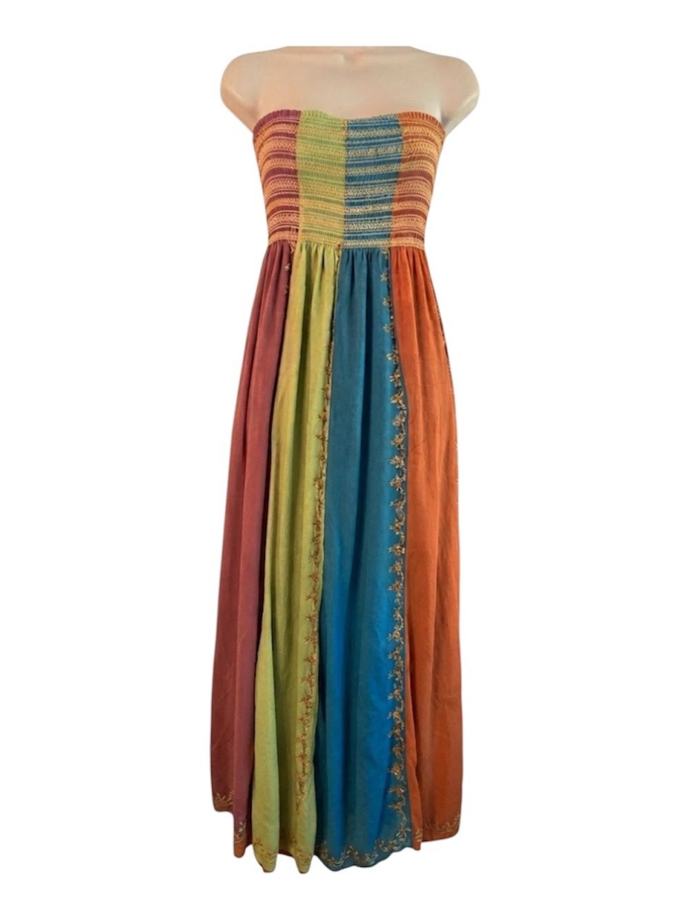 Boho Strapless Multi-Panel Maxi Dress in Teal, Orange, Olive & Rust